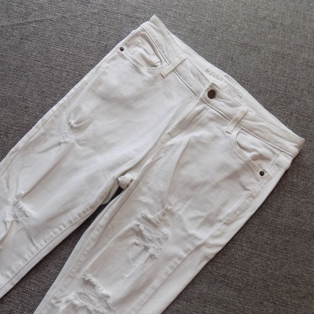 Old Navy Rockstar Jeans Womens 6 White Good Distressed Mid Rise Skinny Shredded